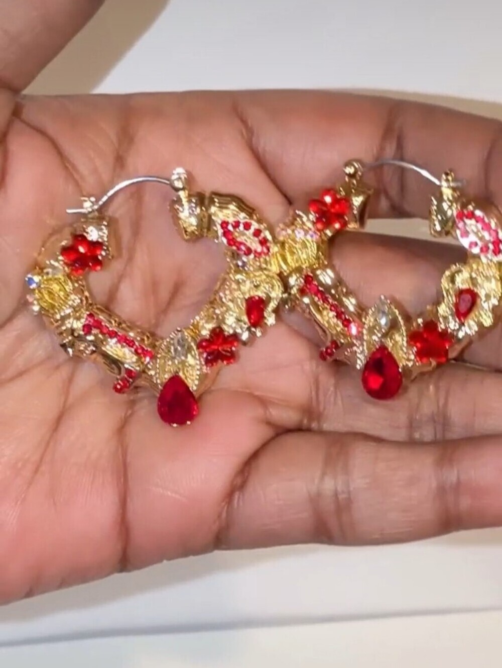 Hand CRAFTED Gold and Red Heart Shaped Hoop Earrings